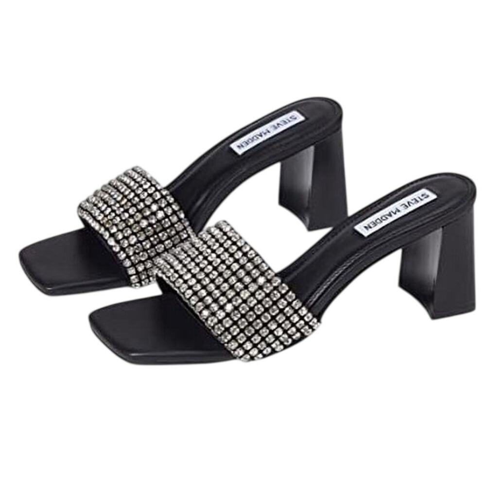 Steve Madden Womens Laney Heel Sandals Size 9.5 M Black Crystals Detail NWOB